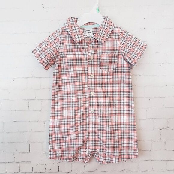 Carters One Piece Collared Outfit Size 18 Months Orange Pink Gray Plaid NEW - Picture 1 of 8